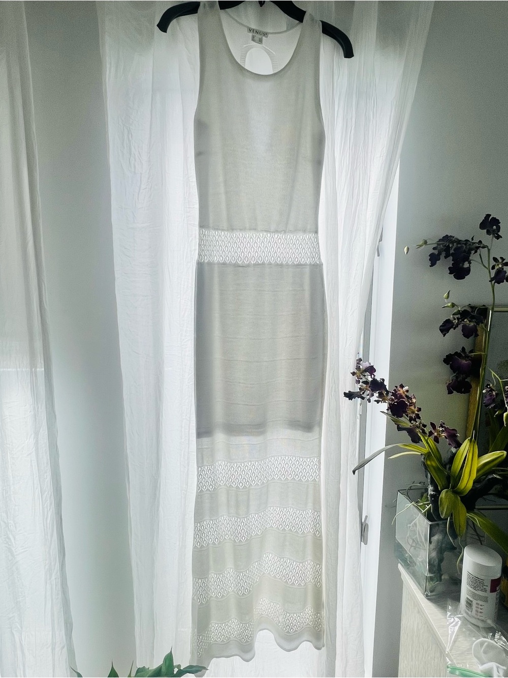 Stunning VENUS White Knit Sleeveless Maxi Dress with Lace Insets